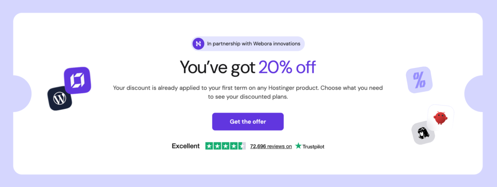 Hostinger coupon code WEBORAOFFER with 20% off and 10% renewal discount
